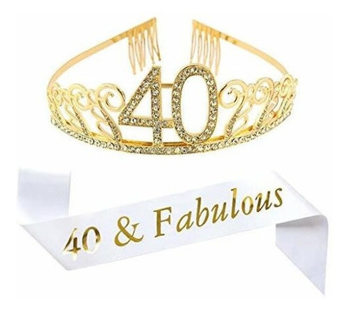 40 Cumpleaños Tiara De Oro Y Faja, Faja De Saten De Brillo B