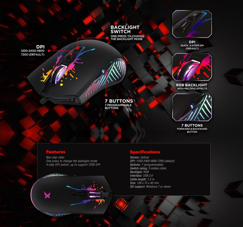Imagen 3 de 3 de Mouse Gaming Xgm-215, 7 Botones Programable 7200dpi X-micro