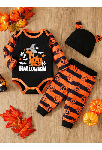 Conjunto Bebe Unisex Body, Pant Y Gorro Mi Primer Halloween