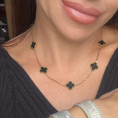 Cadena Collar 5 Treboles 4 Hojas Vc Buena Suerte Baño Oro 18 Dorado Y Negro
