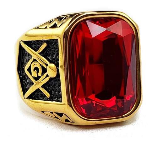 Anillo Masónico Elegante De Lujo Rojo Acero Inoxidable Dorad