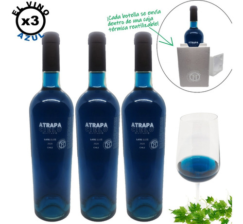 Vino Azul Atrapa Cielo 3 Botellas 750ml Con 3 Cajas Térmicas