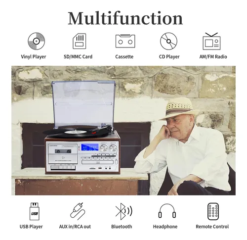 Tocadiscos 9 En 1 Bluetooth Vintage Cd Cassette Usb Sd Plata