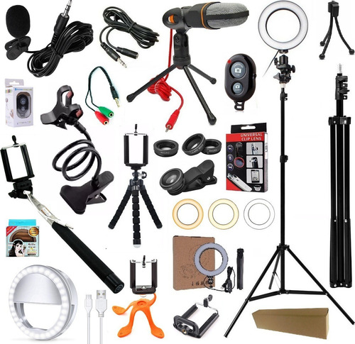 Imagem 1 de 8 de Kit Youtuber 15x1 Tripé 2,10m Lapela Microfone Mesa Celular