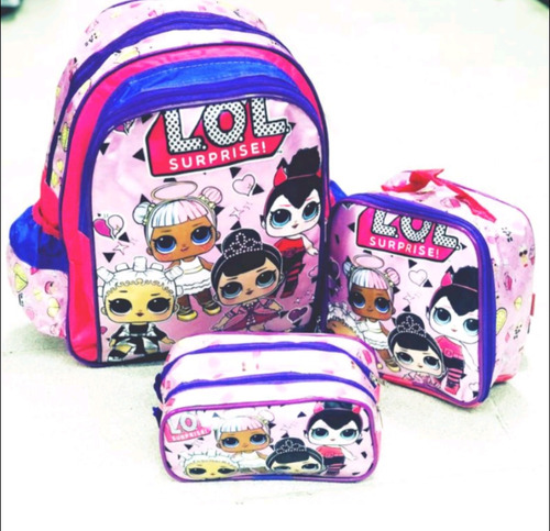 Kit Mochila Lol Lancheira Estojo Escolar Infanti Reforçada 