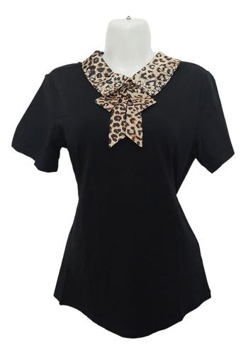 Blusa Negra Manga Corta Cuello Elegante Tipo Polo 