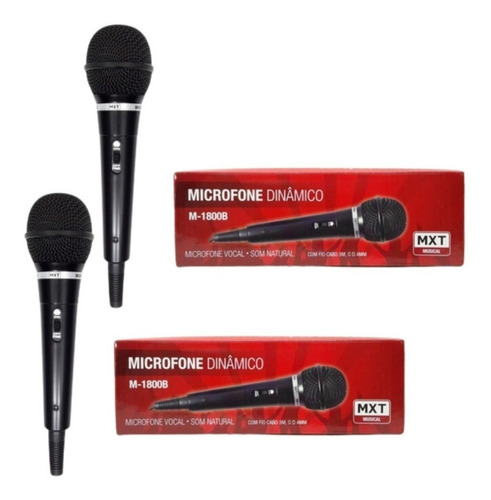 Kit 2 Microfones De Mão Karaokê Igreja Bar Com 2 Cabos