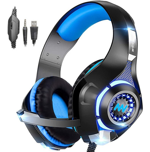Auriculares Gamer Newvision Nw400 Negro Y Azul Con Luz Led