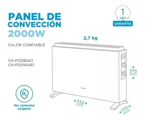 Imagen 2 de 2 de Calefactor Electrico Convector Midea 2000 W Ch-p120