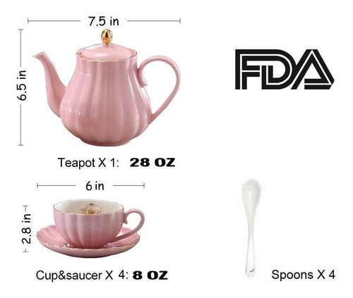  Tazas Platos Tetera Crema Cafe Servicio 4 Porcelana Rosa