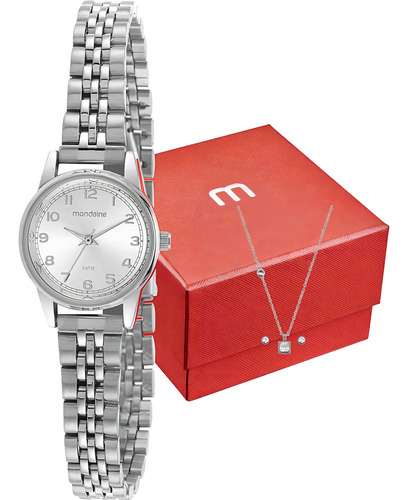 Kit Relógio Mondaine Feminino Prata Colar Brincos 32425l0mvne2k1