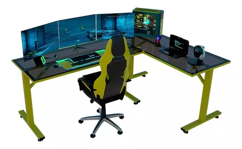 Escritorio gamer Cooling Tree Systems gamer en L cts acero, vidrio templado  ahumado de 115cm x 75cm x 65cm x 180cm cyber