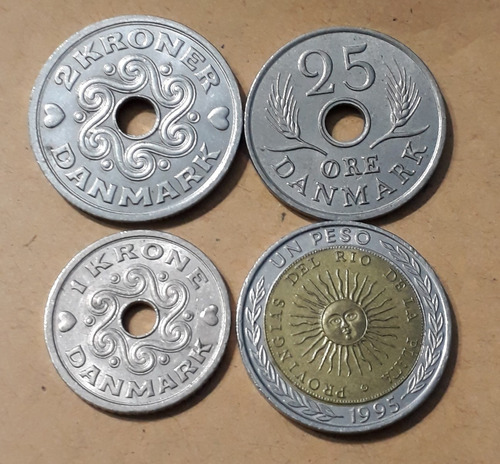Dinamarca X 3 Monedas, 1 Y 2 Kroner 1994. 25 Ore 1972.