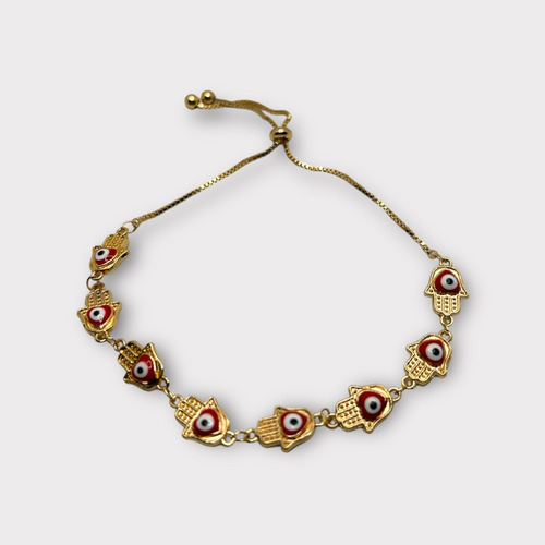 Pulsera Ojo Turco O Mal De Ojo Oro Laminado Diversas Formas Color Mano Ojo Rojo Largo 24 Cm