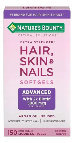 Nature's Bounty, Hair Skin Nails , Formula Avanzada  Apoya El Cabello Hermoso, La Piel Brillante Y Las Uñas Saludables, Contiene Biotina, Antioxidantes Más Ácido Hialurónico Con Argan  150 Cápsulas 