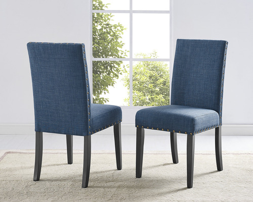 Juego De 2 Sillas De Comedor Tela Azul Ribete De Clavos