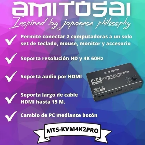 Switch Kvm 4k Udh 2 Puertos Hdmi Usb Win/mac+2 Hdmi 4k 3mts