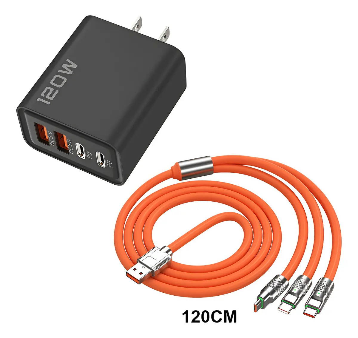 Imagen de Cargador Rápido USB-C PD de 120W Negro con 4 Puertos y Cable para Phone, Tablet y Más