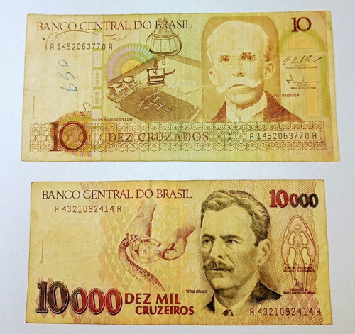 2 Billetes De Brasil Vf. 10000 Cruzeiros Y 10 Cruzados