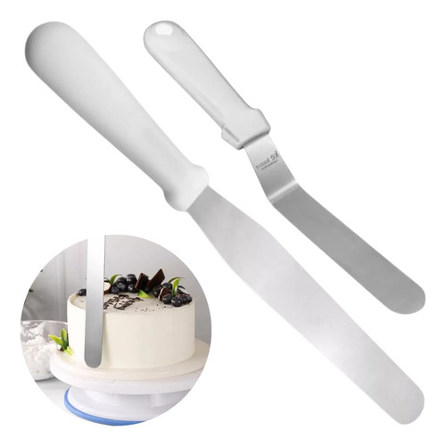 2 Espátulas Confeitar Bolo Confeiteiro Curva Grande Aço Inox