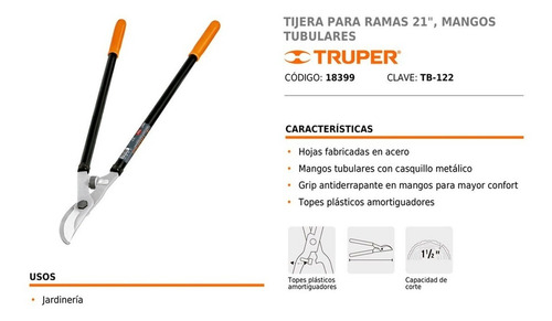Imagen 2 de 6 de Tijera Para Ramas 21 Truper Mangos Tubulares 18399