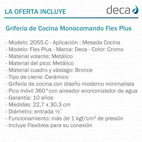 Imagen 6 de 10 de Griferia Cocina Mesada Flex Plus Deca 18010 Monocomando