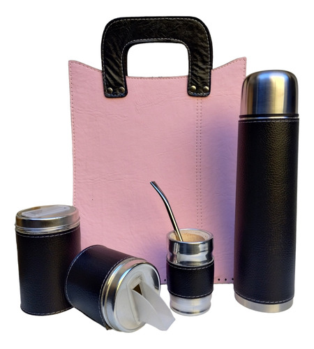 Set Matero Completo Termo 1l Cartera Negra Y Rosa Mujer Mama