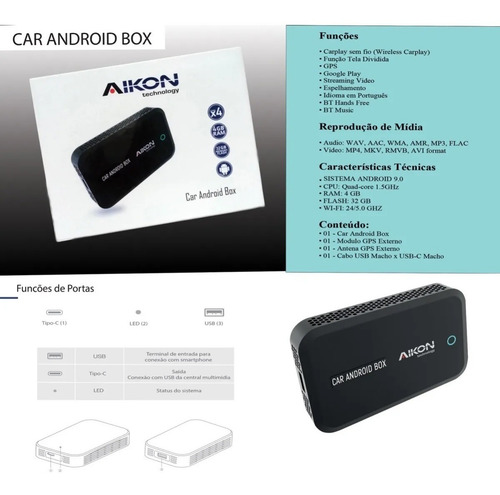 Imagem 3 de 10 de Carplay Sem Fio Multimidia Car Android Box Aikon 4gb 32gb