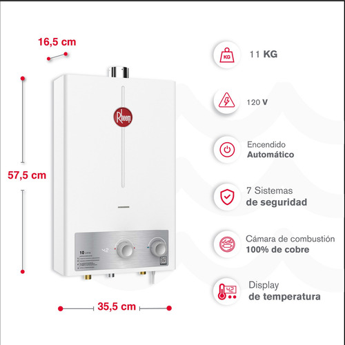 Calentador de agua 10 litros Gas Natural Tiro Forzado Rheem