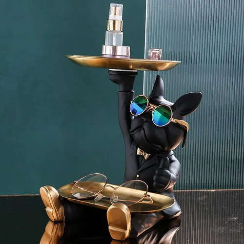 Escultura De Bulldog Francés, Figura De Perro Con Bandeja,