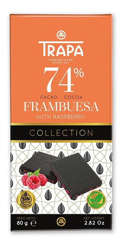 Chocolate Trapa Collection 74 %  Frambuesa Cacao Sin Gluten