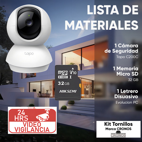 Tp-link & Cronos Kit Cámara De Video Vigilancia 1080p Full Hd Micrófono Modelo Tp-c200c-32 + Micro Sd 32 Gb / Cobertura 360° Con Seguimiento Inteligente Audio Bidireccional Y Modo Privacidad / Cctv