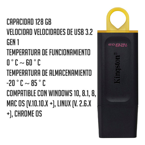 Memoria Usb Kingston Technology Datatraveler Exodia 128 Gb 3.2 Gen 1 Factor De Forma Tapa Color Negro Amarillo Dtx/128gb
