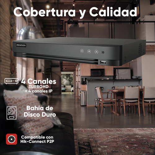 Hikvision Kit De 4 Cámaras De Seguridad Metálicas Eyeball Turbohd 4k 8mp Exterior Ip67 + + Dvr 8mp 4 Canales Turbohd + 4 Canales Ip Modelo Ids2ce76u0t-plus
