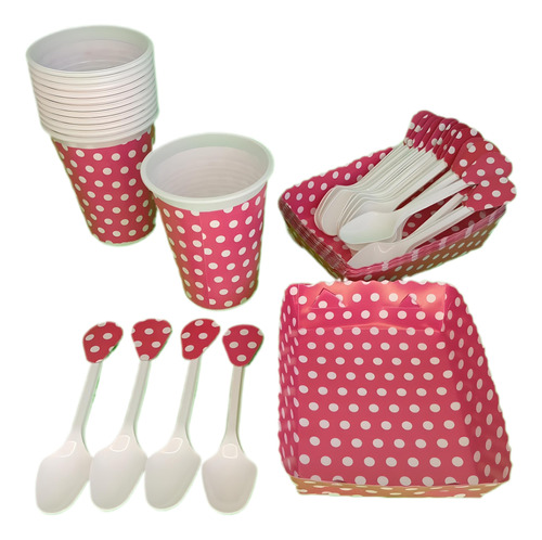 Kit Polka Fucsia Vasos+bandejas+curbierto 24invitados