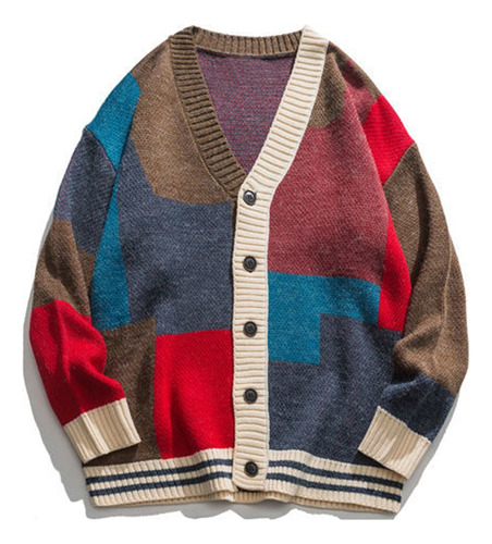 Suéter Holgado Japonés Vintage De Patchwork Para Hombre