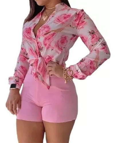 Conjunto De Polera Y Pantalones Cortos Florales De Manga Lar