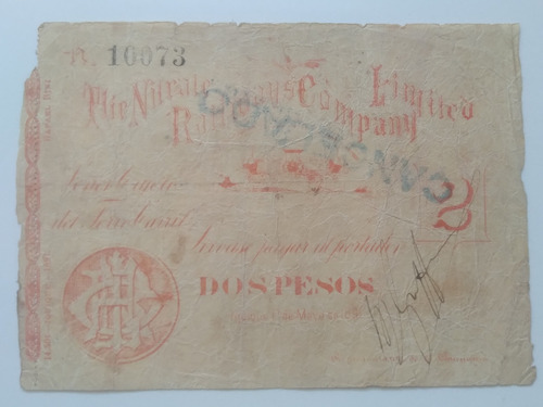 Billete Salitrero Iquique 2 Pesos 1891 Nitrate Railways. J