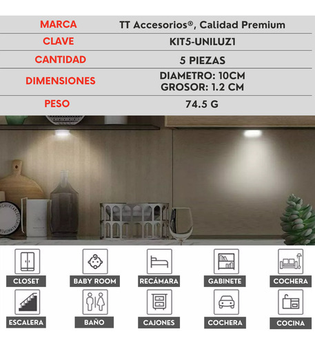 Kit 5 Pzs Luz Led Techo Interior Casa Auto Recargable Usb