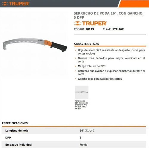 Serrucho De Poda Con Gancho 16 PuLG 406 Mm Stp-16x Truper