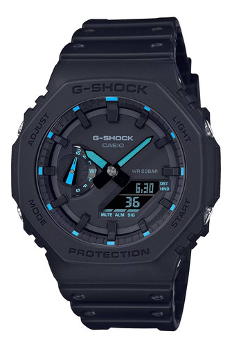 Relógio de pulso Casio Neon Accent Series GA-2100 com corpo preto,  analógico-digital, para masculino, fundo  preto, com correia de resina cor preto, agulhas cor azul e preto, subdials de cor preto e azul, ponteiro de minutos/segundos preto e azul, bisel cor preto, luz branco e fivela simples