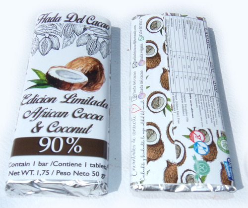 Imagen 3 de 3 de Tableta De Chocolate 90% Cacao Africano Con Coco . Edicion L