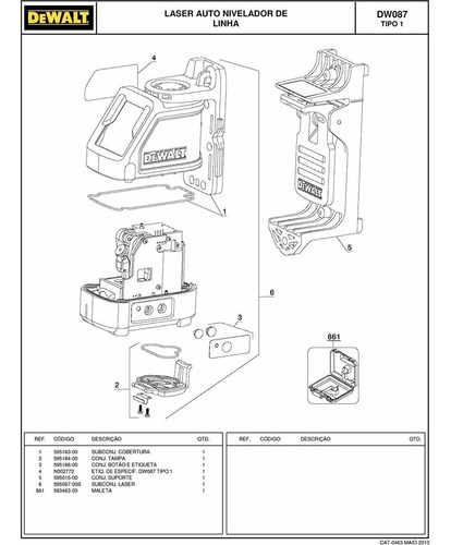 Vista Explodida Nível Laser Dw087 Tipo 1 - Dewalt