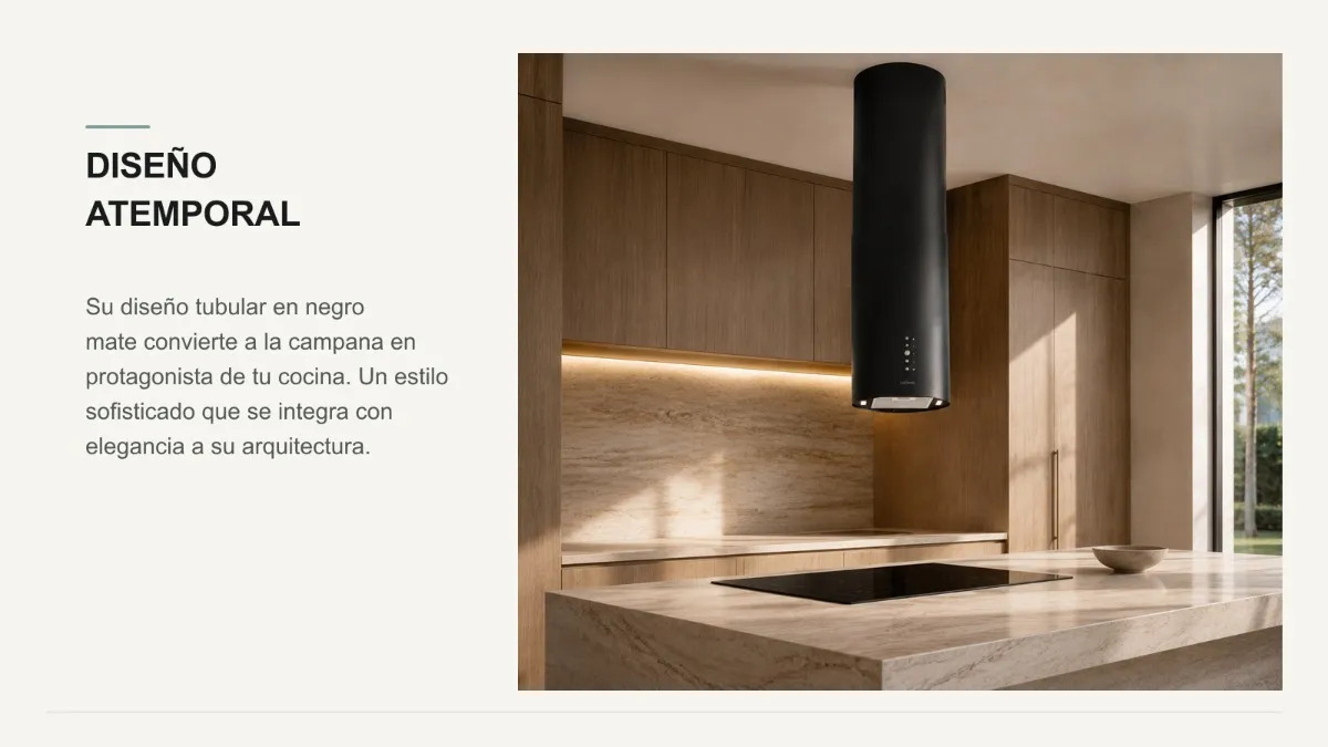 Diseño tubular negro mate de la Campana Isla Gröner TICIS35CB