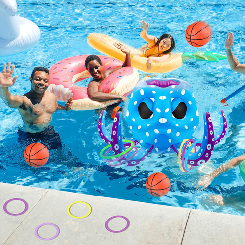 Juego De Piscina Pulpo 2 En 1, Aro Baloncesto, Anillo, 8 Ani