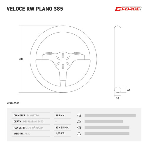 Volante Deportivo Veloce R W 385 Plano Gamuza Collino Cuotas