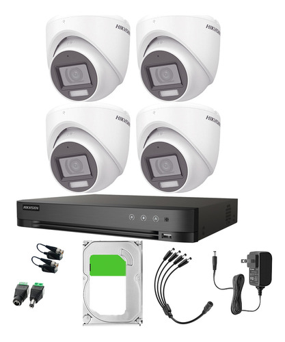 Hikvision Kit De 4 Cámaras De Seguridad Metálicas Turret Con Micrófono Integrado 3k Dual Light Protección Ip67 Exterior + Dvr 8 Mp 4 Canales Turbohd + 4 Canales Ip + 1tb Hdd Ids2ce76k0t-plus-sc+1tb