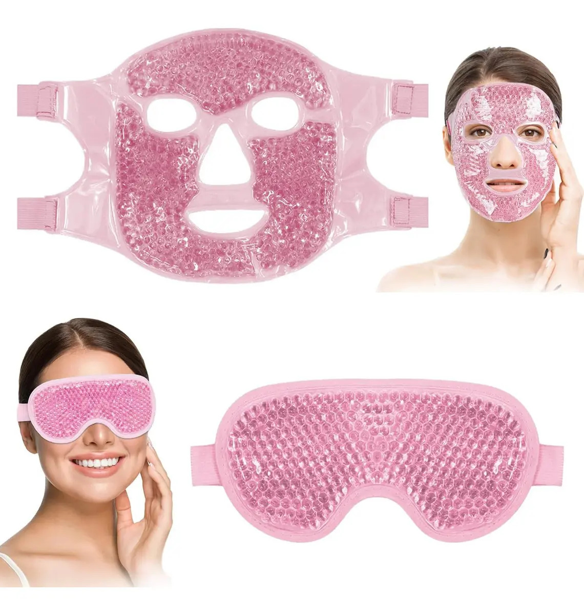 Wfeantl 2pzs Máscara de Hielo para Ojos y Cara con Antifaz Mascarilla Fría para Dormir, Aliviar Ojeras,Bolsas Hinchazón,rosa