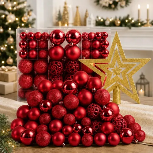 Kit 100 Bolas + Estrela Pendentes P/ Decoração Árvore De Nat