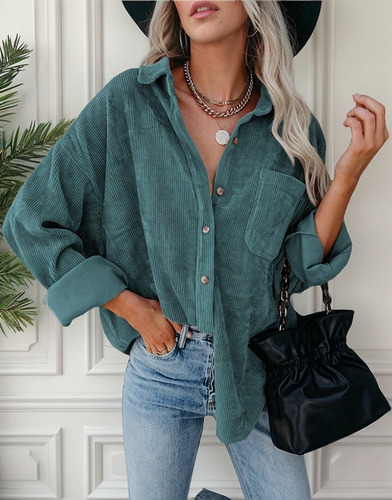Chaquetas De Pana Para Mujer Manga Larga Camisa De Botones
